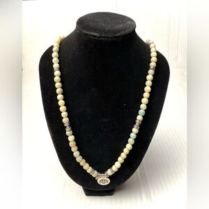 Amazonite Mala Prayer Bead Necklace Lotus Flower Silver Tone Charm Artisan Boho